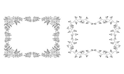 Tropical hand drawn floral frames. Outline set. Jungle foliage illustration. Floral set. Hand drawing. Vector isolated collection. Natural spring wedding card. Summer tropical leaf. Botanical frames