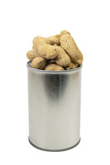 Closeup pistachios nut dry roasted and salted in a can isolated on white background