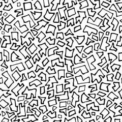 Abstract white background with chaotic uneven black parts. Seamless mosaic in Doodle style. Geometric irregular pattern pieces fill the entire space. Printing on fabric, background website, cover art