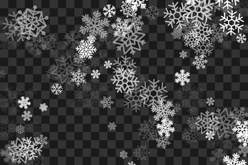 Snowfall transparent decoration texture. Vector background with flying snowflakes and lights.