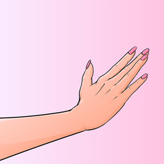 Beautiful hand Woman's hand nails paint Illustration vector On pop art comics style Abstract pink background