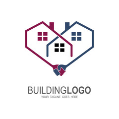 Real estate logo with love design illustration, line logo and heart icon, Handshake icon