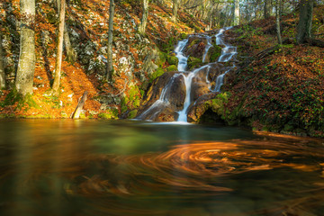 Brigth and warm colors and a beautiful stream and waterfalls in a wild mountain location in autumn