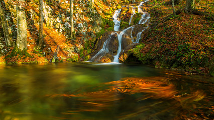 Brigth and warm colors and a beautiful stream and waterfalls in a wild mountain location in autumn