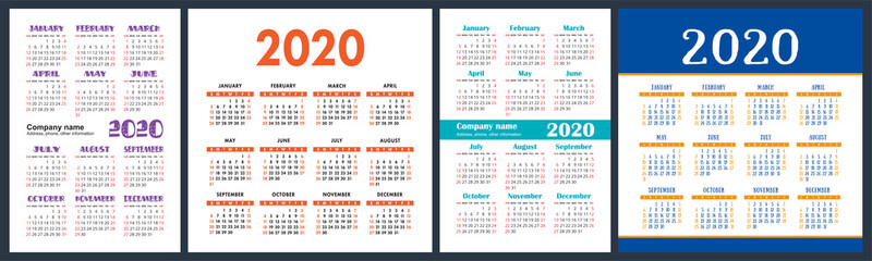 Calendar 2020 year set. Vector square and vertical calender design template. English collection. Week starts on Sunday