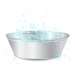 vector realistic metal bowl or basin for washing with soap bubbles isolated on white background. Laundry concept. 3D illustration.
