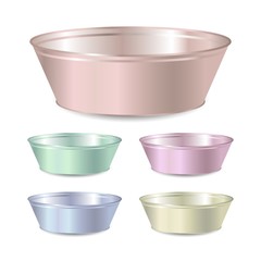 Set of vector color realistic metal empty bowl or basin for washing isolated on white background. 3D illustration.