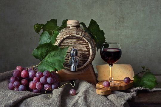 Still life with grapes and red wine