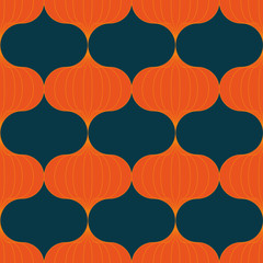 A seamless vector pattern with orange lantern on a dark teal background. Surface print design.
