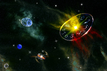 Explosion in galaxy with clock,abstract background.