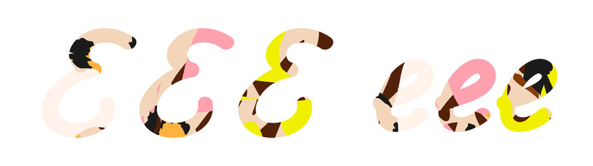 Bright multi-colored Funny Jungle Spotted letter E. Abstract vector design element of handwritten alphabet letter font. Childish animal leopard style.
