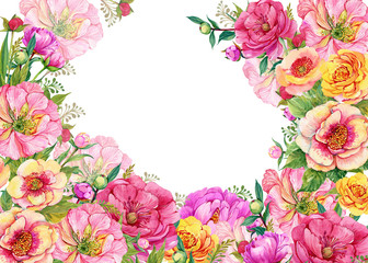 Obraz na płótnie Canvas Beautiful spring card, peony flowers, watercolor illustration