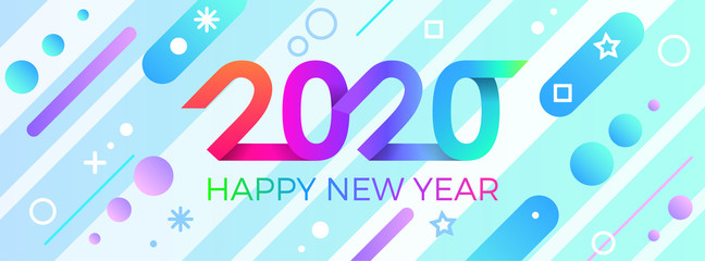 2020 Happy New Year. Paper Memphis geometric bright style for holidays flyers, greetings, invitations, Happy New Year or Merry Christmas cards. Holiday background, poster, banner. Vector Illustration.