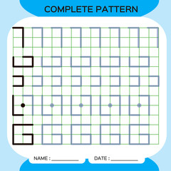 Complete pattern. Tracing Lines Activity For Early Years. Preschool worksheet for practicing fine motor skills. Tracing lines. Improving skills tasks. Dark Blue.
