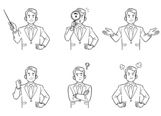 中年ビジネスマンの上半身6点セット2　線画