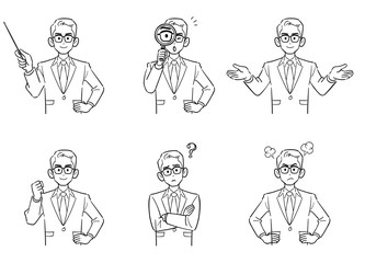 メガネをかけたビジネスマンの上半身6点セット2　線画