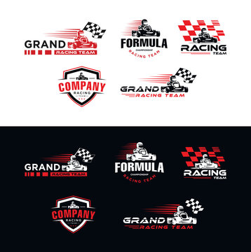 Set of Karting race symbol logo emblem template vector image . Go kart logo Vector . Kart driver sport logo icon.Man drive kart in helmet background design
