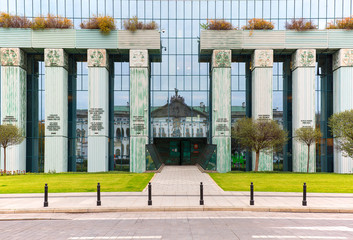 Modern building of Supreme Court of Poland, Columns of Law with sentences, Warsaw, Poland - obrazy, fototapety, plakaty