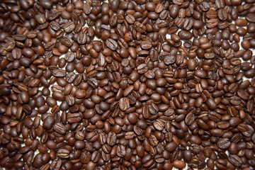 coffee beans on the beige background close-up