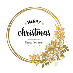 Card template merry christmas and happy new year, with design beautiful leaf flower frame. Vector