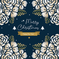 Space for text, merry christmas and happy new year, with leaf flower frame, isolated on dark blue background. Vector