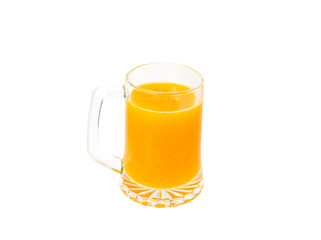 Fresh orange juice in a glass on a white background
