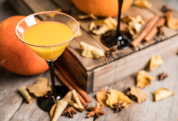 Autumn cocktail with pumpkin and orange juice in martini glass on the rustic background. Selective focus. Shallow depth of field.