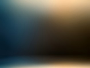 Dark blue yellow gradient 3d background. Muted blurred wall and floor. Low light and deep shade in room defocus illustration. Studio interior. Smooth abstract texture.