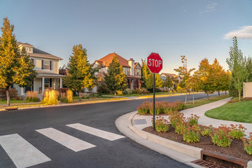 Pedestrian crossing on a road intersection day