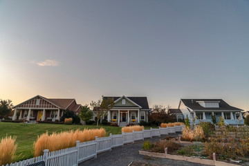 Vegetable allotments on a housing estate near sunset