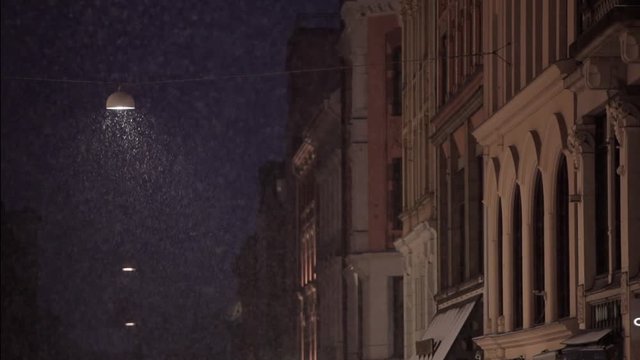 Street lights and heavy snowfall in downtown  Oslo  - Norway