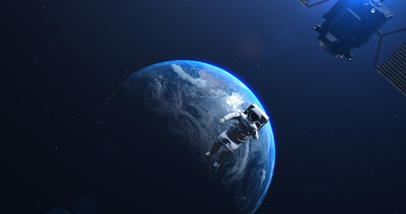 Astronaut Spacewalk Outside the International Space Station. Dramatic View Of The Earth Rotating In The Background. Made Up Space Station Logo. Earth Images From NASA. 3D Illustration Render