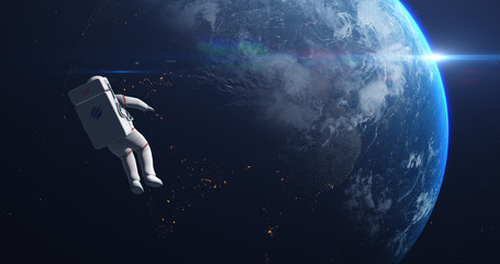 Obraz na płótnie Canvas Astronaut Flying Over Orbiting Earth With Satellites. Dramatic View Of The Earth Rotating In The Background. Made Up Space Station Logo. Earth Images From NASA. 3D Illustration Render