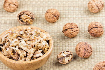 Obraz na płótnie Canvas A background of delicious walnuts