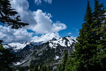Snowcapped mountains landscape  with blue sky and clouds.  Mt Baker, Washington, USA