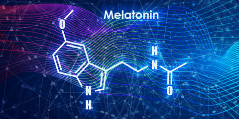 Melatonin hormone chemical molecular formula. In humans, it plays a role in circadian rhythm synchronization. Stylized conventional skeletal formula.