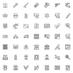 Police line icons set. linear style symbols collection, outline signs pack. vector graphics. Set includes icons as police badge, officer helmet, policeman insignia, crime scene investigation, prison