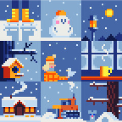 Winter mood pixel art style. Ice skates, snowman, street lamp, birdhouse, girl, cup of tea, house, snow blower and forest, Isolated vector illustration. Game assets. Design for stickers, web, app. 