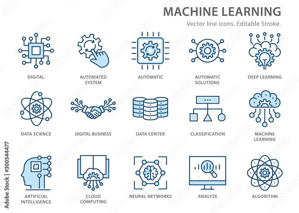 Poster machine learning line icons set. vector illustration. editable stroke.
