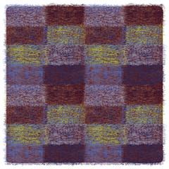 Square checkered plaid with grunge weave elements in blue, brown, yellow colors