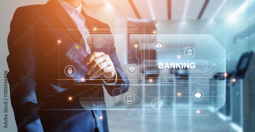 Poster Banking network, Businessman and credit card in hand and word banking with icon network connection on virtual screen, online payment, financial futuristic and technology, credit card are design up.