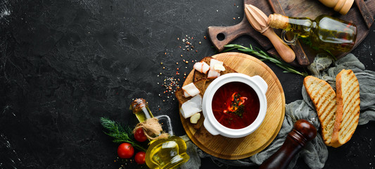Beet soup. Ukrainian traditional borscht. Top view. Free space for your text.