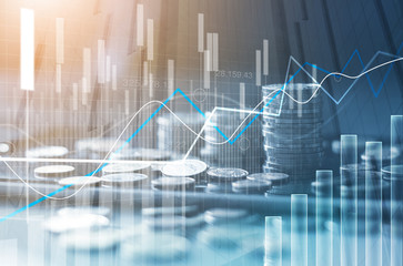 Financial stock market graph and rows of coins growth, abstract and symbol for finance concept, business investment and currency exchange, on blue background. - obrazy, fototapety, plakaty