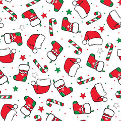 Christmas seamless cartoon hand-drawing. Colored socks, Santa hats and sugar canes on a white background. Vector background with stars and confetti.