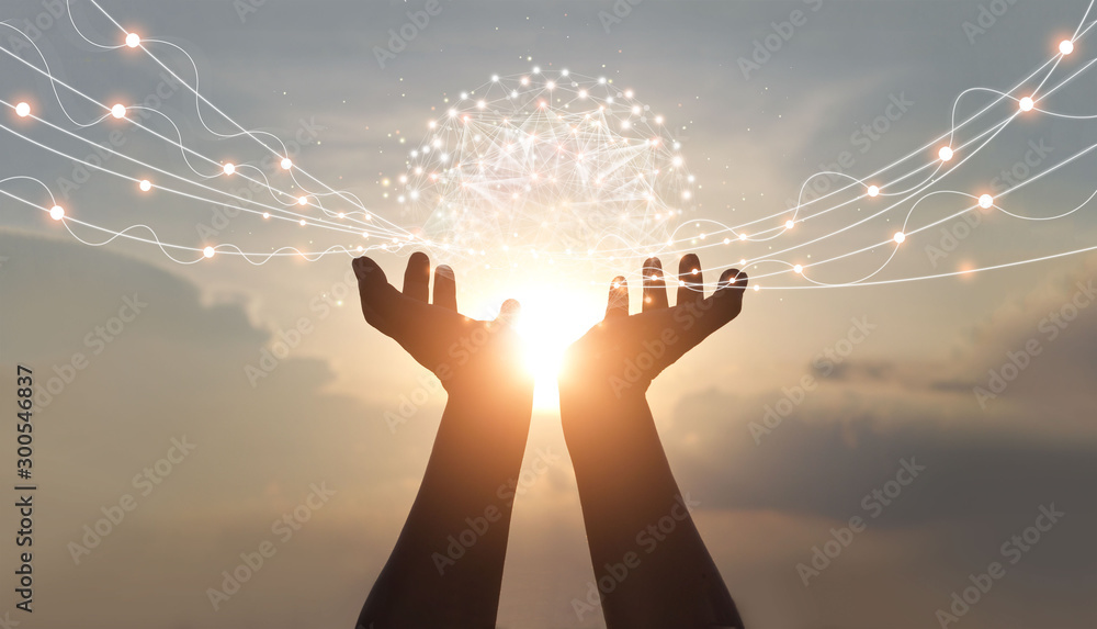 Poster abstract palm hands holding global network connections, innovative technology in science and communi