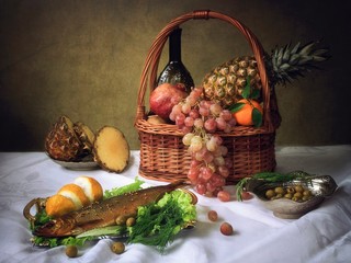Still life with smoked herring and fruit basket
