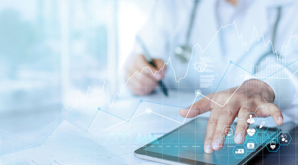 Healthcare business graph data and growth, Medical examination and doctor analyzing medical report network connection on tablet screen. - obrazy, fototapety, plakaty