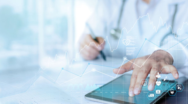 Healthcare business graph data and growth, Medical examination and doctor analyzing medical report network connection on tablet screen.
