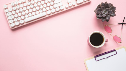 Computer keyboard and succulent plant against pink background