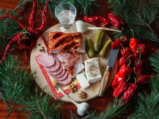 Still life with bacon and vodka glass